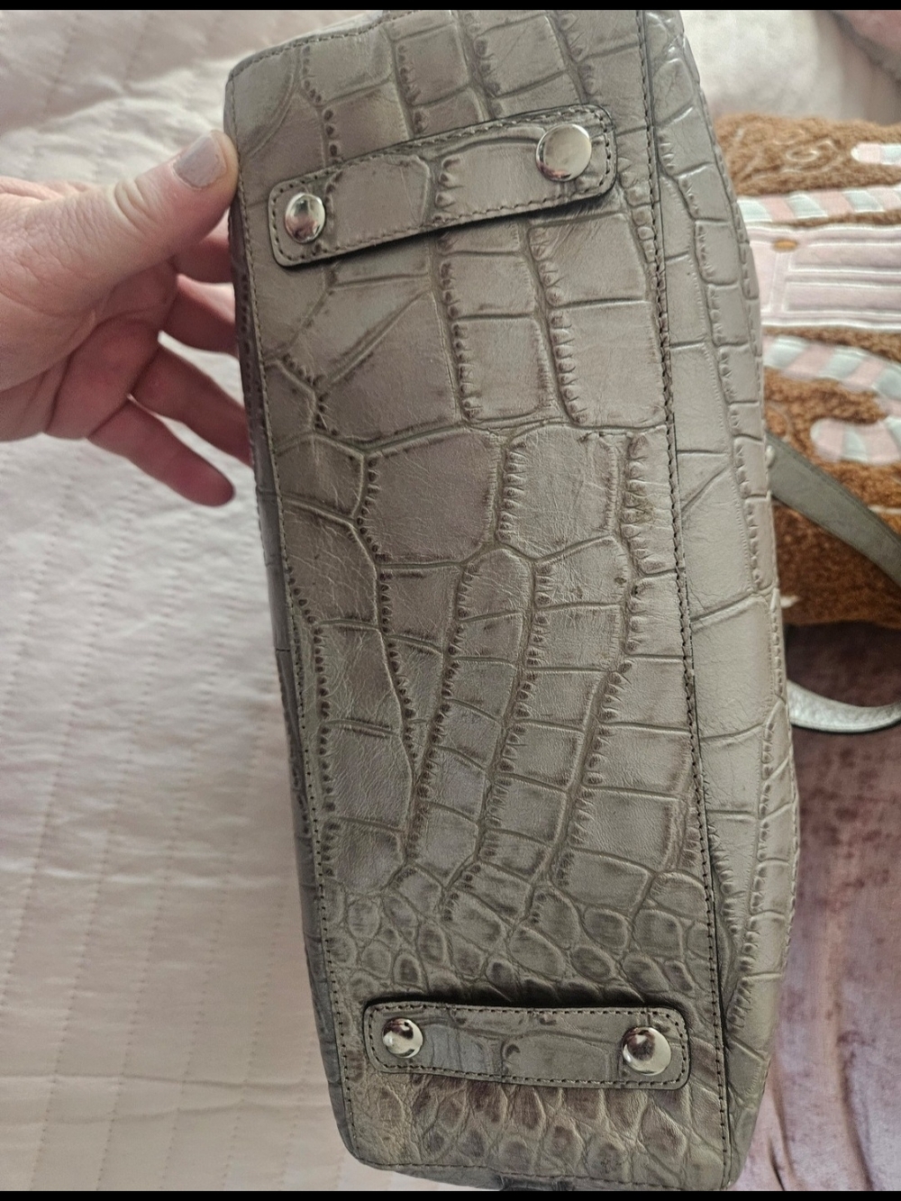 Coach Silver Croc-Embossed Leather Satchel - Picture 2 of 6